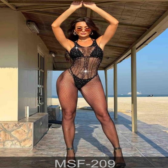 Herotik Shop - Gövdesi Çizgili İri Fileli Seksi Fantezi Catsuit