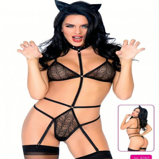 Herotik Shop - Tasmalı ve Kedi Kulaklı Fantezi Kedi Kadın Kostümü