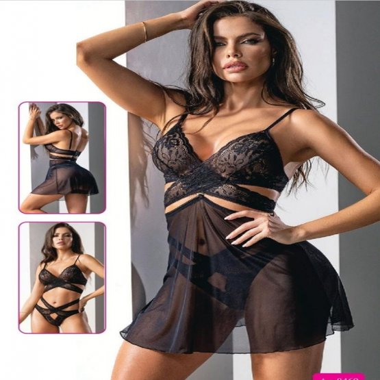 Herotik Shop - Siyah Çapraz Dantelli ve Tül Etekli Fantezi Babydoll Seti