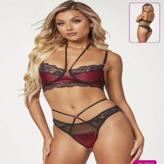 Herotik Shop - Bordo Saten Kaplı ve Dantelli Fantezi İç Giyim Takımı