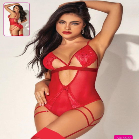 Herotik Shop - Kırmızı Dantel ve Tül Pencereli Jartiyerli Bodysuit
