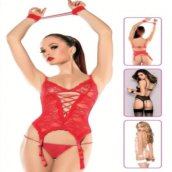 Herotik Shop - Kırmızı Dantelli ve Kelepçe Aksesuarlı Jartiyerli Bodysuit