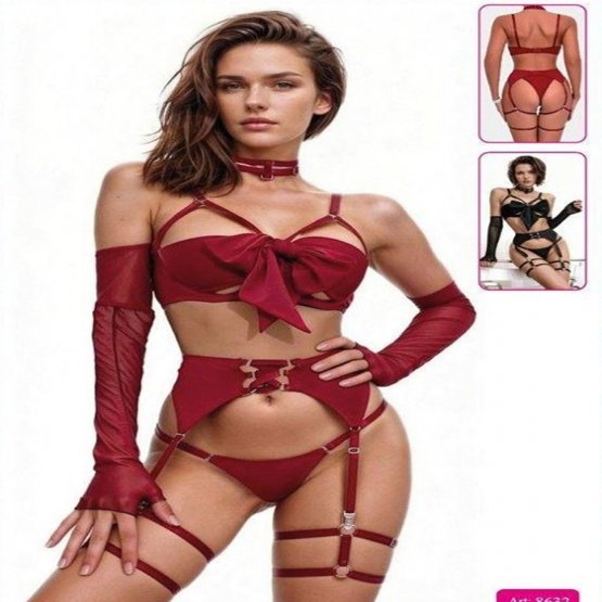 Herotik Shop - Bordo Fiyonk Detaylı ve Tül Eldivenli Jartiyer Takımı